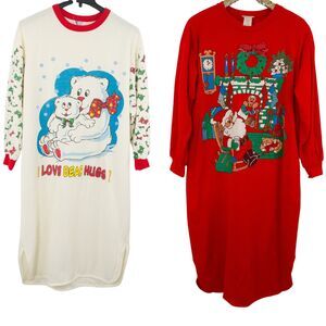 Vintage 80s Sears Womens Graphic Christmas Nightgowns Set of 2 Plus Size